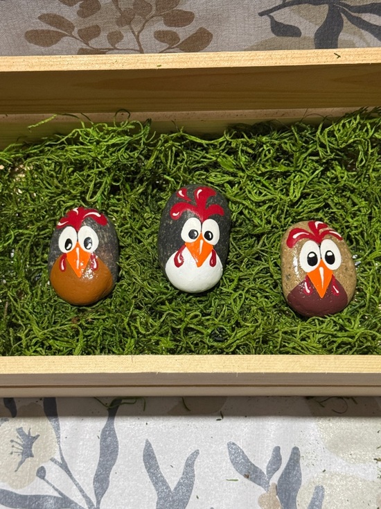 Other - Hand-Painted Chicken Rock Trio - Bright Red & Orange Accents